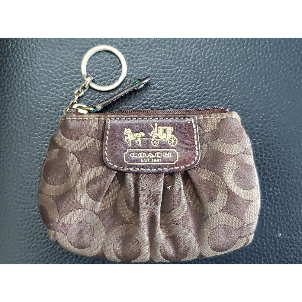Coach Signature C Brown Pleated Coin Purse with Key Ring and Outer Pocket